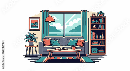 Cozy living room with sofa, coffee table, bookshelf, and window view