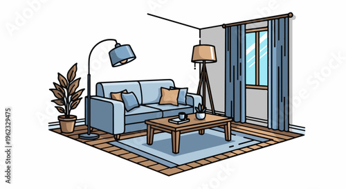 Cozy living room scene with sofa, coffee table, plants, and lamps