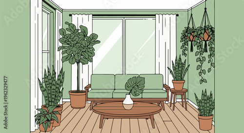 Cozy living room with abundant plants and natural light