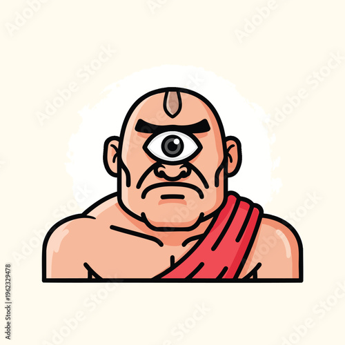 A cartoon illustration of a one-eyed, muscular figure with a stern expression and red cloth draped over the shoulder. It's a stylized design