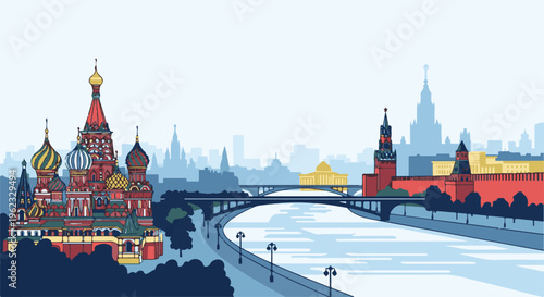 Colorful pixelated cityscape with iconic domed cathedral, fortress, and river