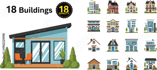 Large vector collection of various building icons including modern houses cafes shops and residential architecture on white background.