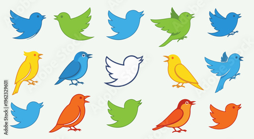Collection of stylized bird icons in various colors and poses