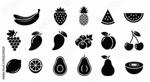 Collection of stylized fruit icons in black silhouette on white