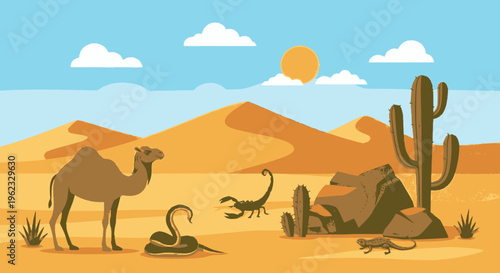 Desert Wildlife Scene with Camel Snake Scorpion Lizard.