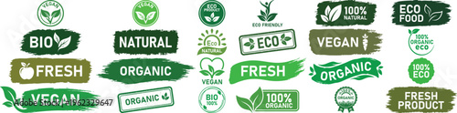 Green Eco Labels Collection Organic Bio Natural Vegan Fresh Badge Icons Set