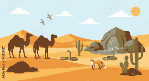 Desert Wildlife Scene with Camels Fox and Snakes.