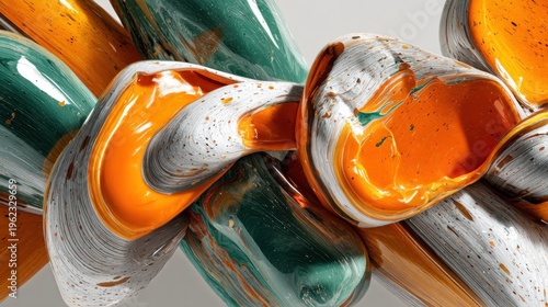 Swirling masses of glossy, multicolored viscous material create an abstract flow