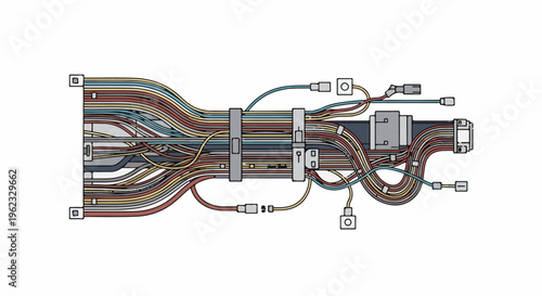 Complex bundle of colorful wires and connectors on a white background