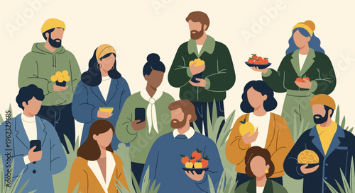 Diverse Group of People Sharing Fresh, Healthy Produce in a Community Setting - Modern Flat Illustration