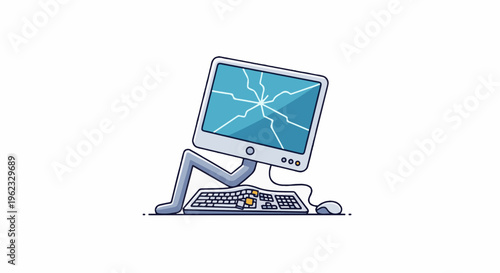Computer monitor with cracked screen, cartoon style, seated on keyboard