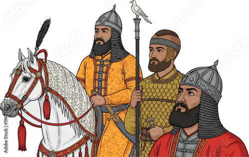 Cartoon illustration of a medieval knight with a sword standing before a red stained glass church window featuring a religious saint icon and bible art