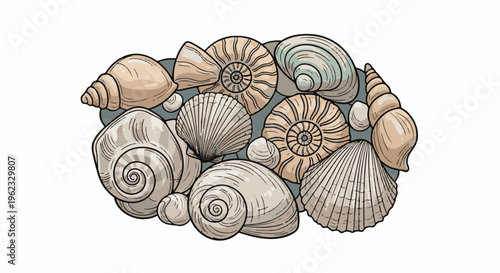 Collection of various fossilized and modern seashells and ammonites