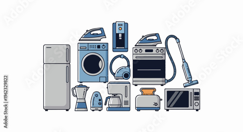 Collection of various household appliances and kitchen gadgets depicted