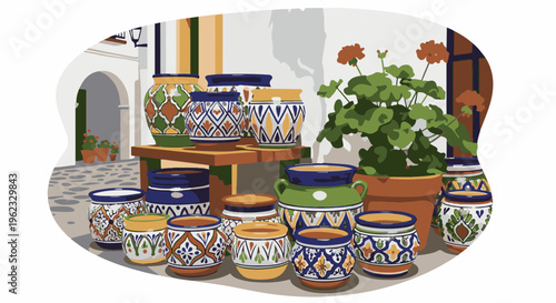 Colorful ceramic pots with floral patterns displayed outside a building