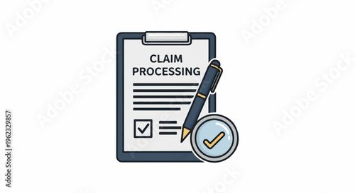 Clipboard with 'claim processing' text, pen, magnifying glass with checkmark
