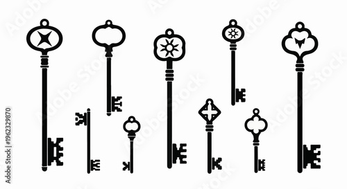 Collection of various vintage keys, black silhouette on white background
