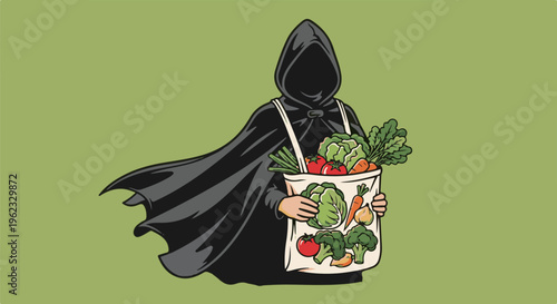 Cloaked figure in a black robe carries a reusable bag overflowing with fresh vegetables