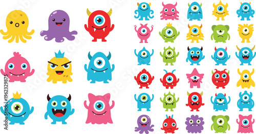 Cute Cartoon Monster Character Collection with One Eyed and Multi Eyed Colorful Creatures for Kids Design, Mascot Illustration, Stickers, and Playful Flat Vector Set.