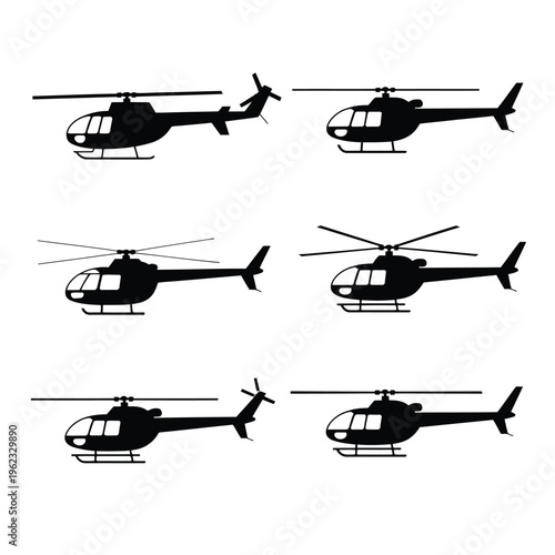 Black helicopter silhouettes in various positions white background