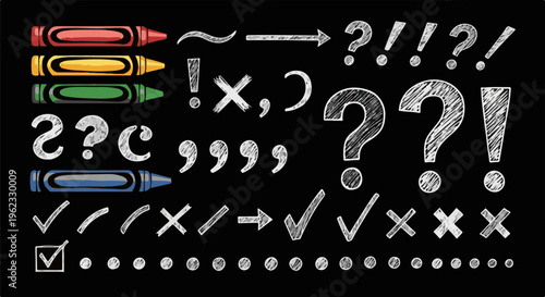 Colorful crayons and various punctuation marks drawn with a textured effect