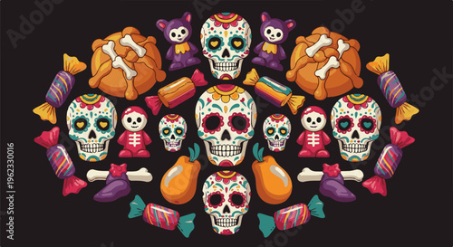 Colorful Day of the Dead sugar skulls, candies, and baked goods art