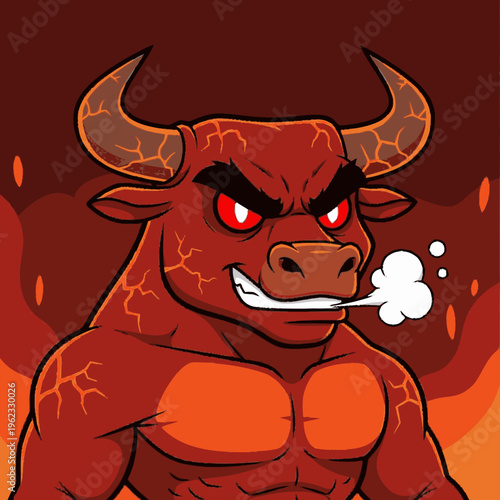 Angry Cartoon Bull with Sharp Horns.