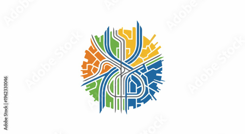 Colorful abstract circular graphic of interconnected roads and pathways