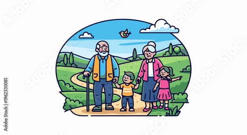 Cheerful family strolls through rolling green hills under a blue sky