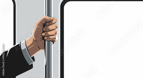 Close-up of a hand in a suit holding a pole inside public transportation