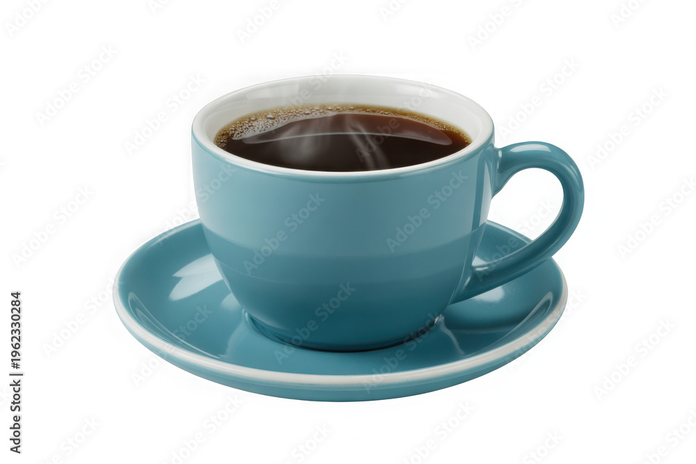 Fototapeta premium Steaming Teal Coffee Cup on Saucer - Isolated Hot Beverage with Aroma - Studio Shot Transparent Background