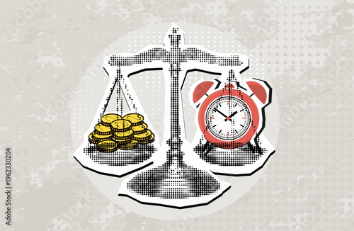 Modern collage with scales with coins and alarm clock. Time management concept. Time is money. Financial balance management