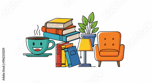 Cheerful coffee mug, stack of books, lamp, and armchair in a cozy scene