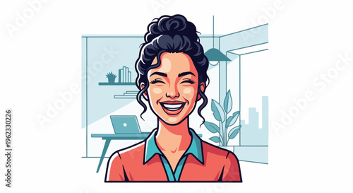 Cheerful woman with bun hairstyle laughs heartily in office