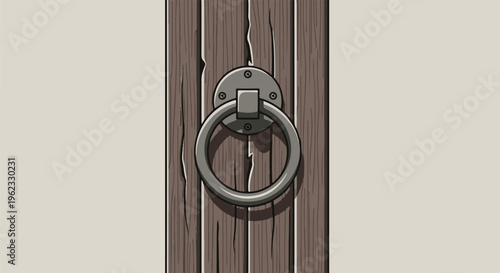 Close-up view of an old wooden door with a metal ring knocker