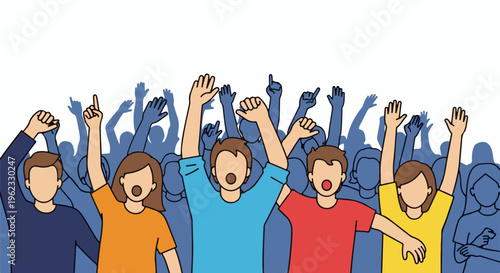 Cheering crowd with hands raised in excitement and protest