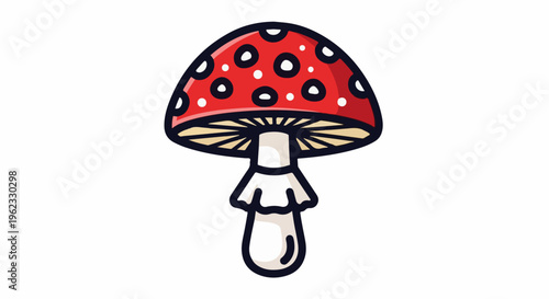 Cartoon red mushroom with white polka dots on a white background