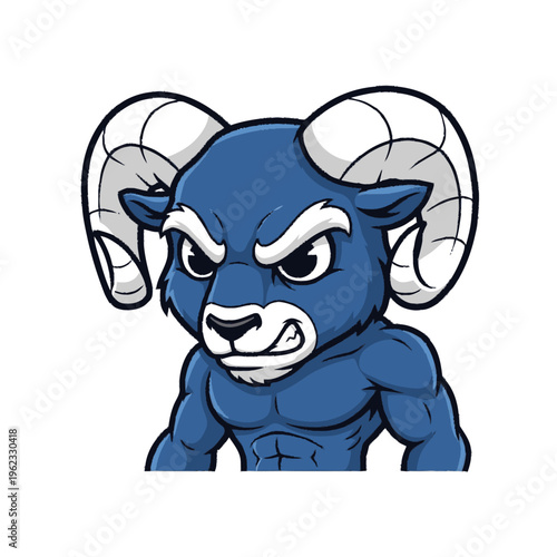 Blue Cartoon Ram with Angry Expression.