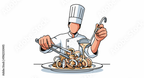 Chef serving a plate of clams with sauce, from a ladle