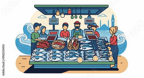 Coastal fish market scene with sellers and buyers