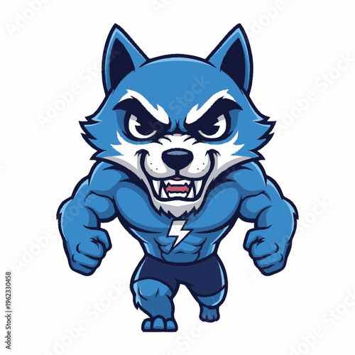 Blue Cartoon Wolf Character with Lightning Bolt.
