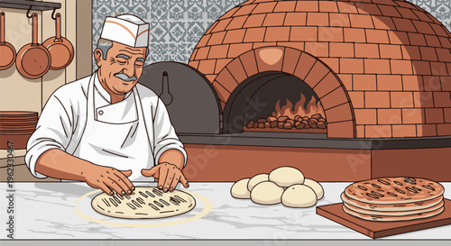 Chef preparing pizza dough near a brick oven with stacked finished pizzas
