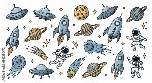 Cartoon space objects with astronauts, planets, rockets, and UFOs in orbit