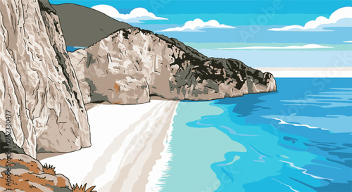 Coastal cliffs meet turquoise ocean waters under a bright, cloudy sky