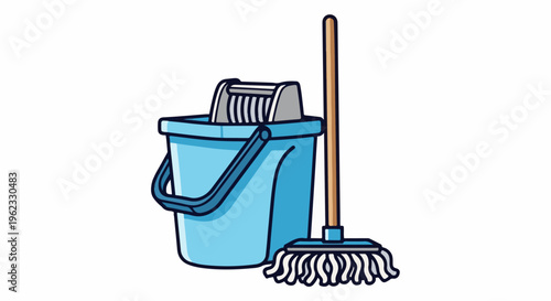 Cartoon style blue bucket and mop for cleaning