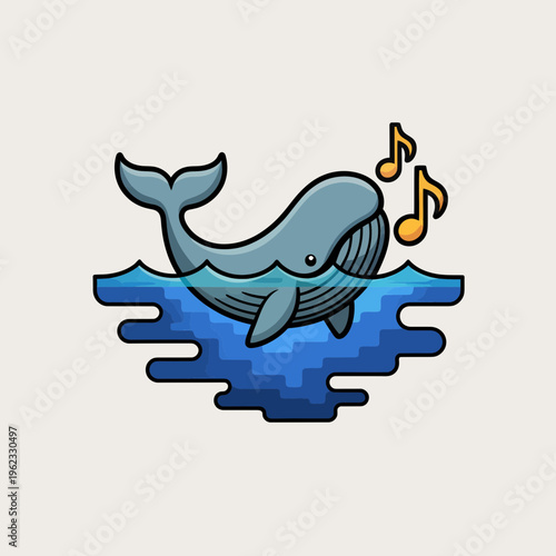 Blue Whale Singing in Ocean Water with Music Notes