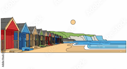 Colorful beach huts lined up on a sandy shore with gentle waves and cliffs