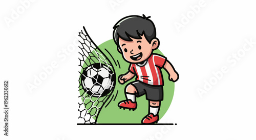Cartoon child scoring a goal with a soccer ball into a net