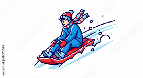 Cartoon child in blue snowsuit sledding downhill on red sled