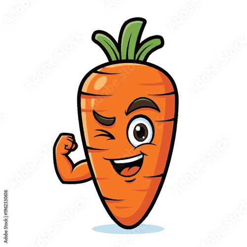Cartoon Carrot Character with Muscular Arm.